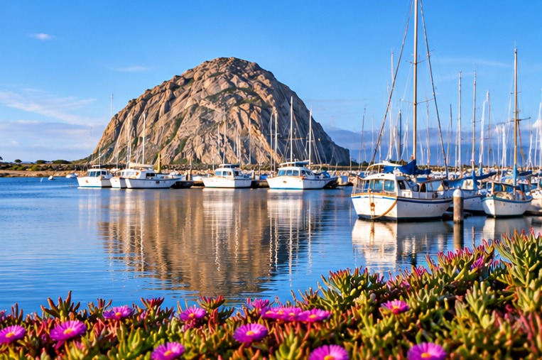 Morro Rock rising above the harbor in Morro Bay, California